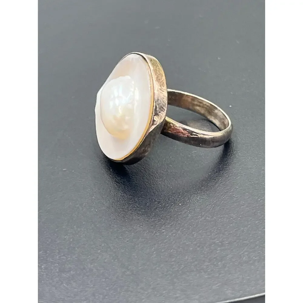 Sterling Silver Natural White Blister Pearl‎ Shell Round Ring 8.5